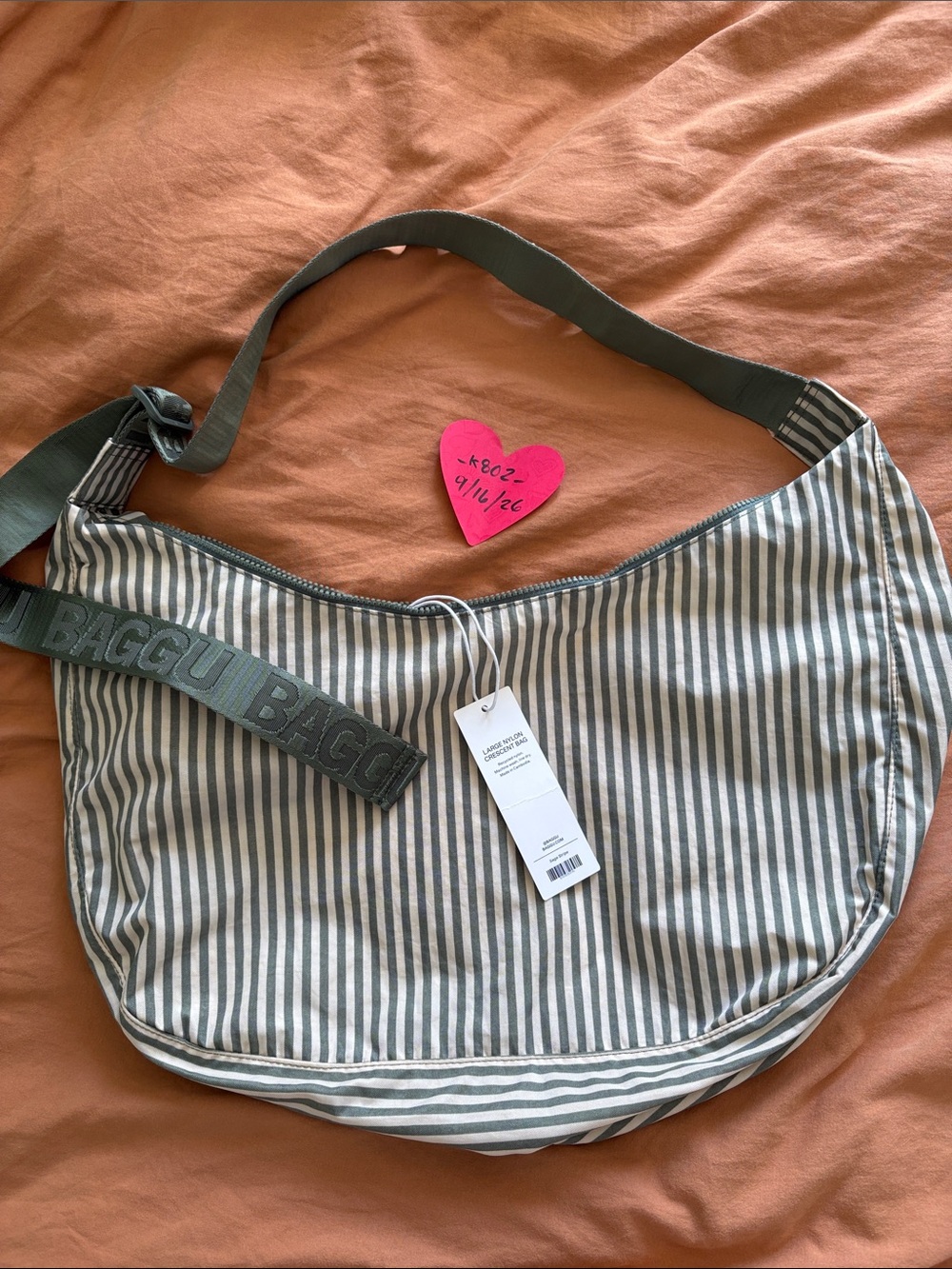 BNWT Sage Stripe Baggu Large Nylon Crescent